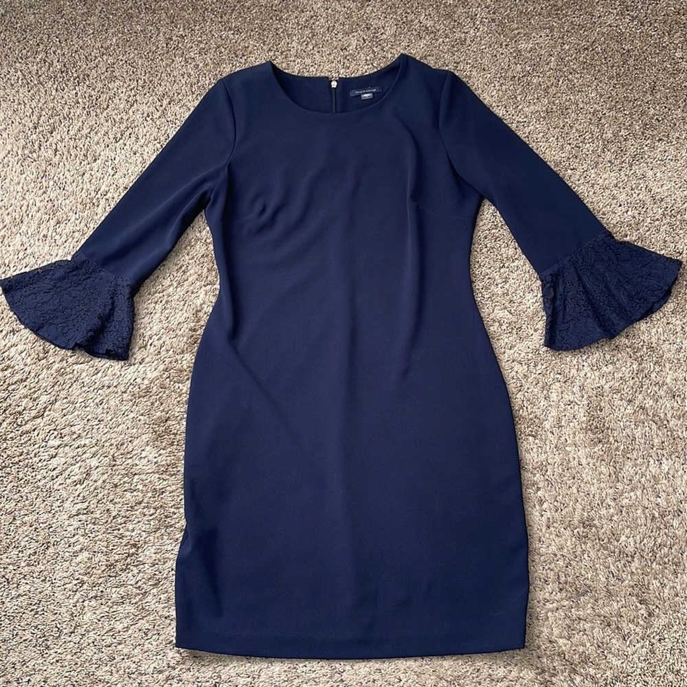 Tommy Hilfiger Navy Midi Dress with Lace Sleeves
